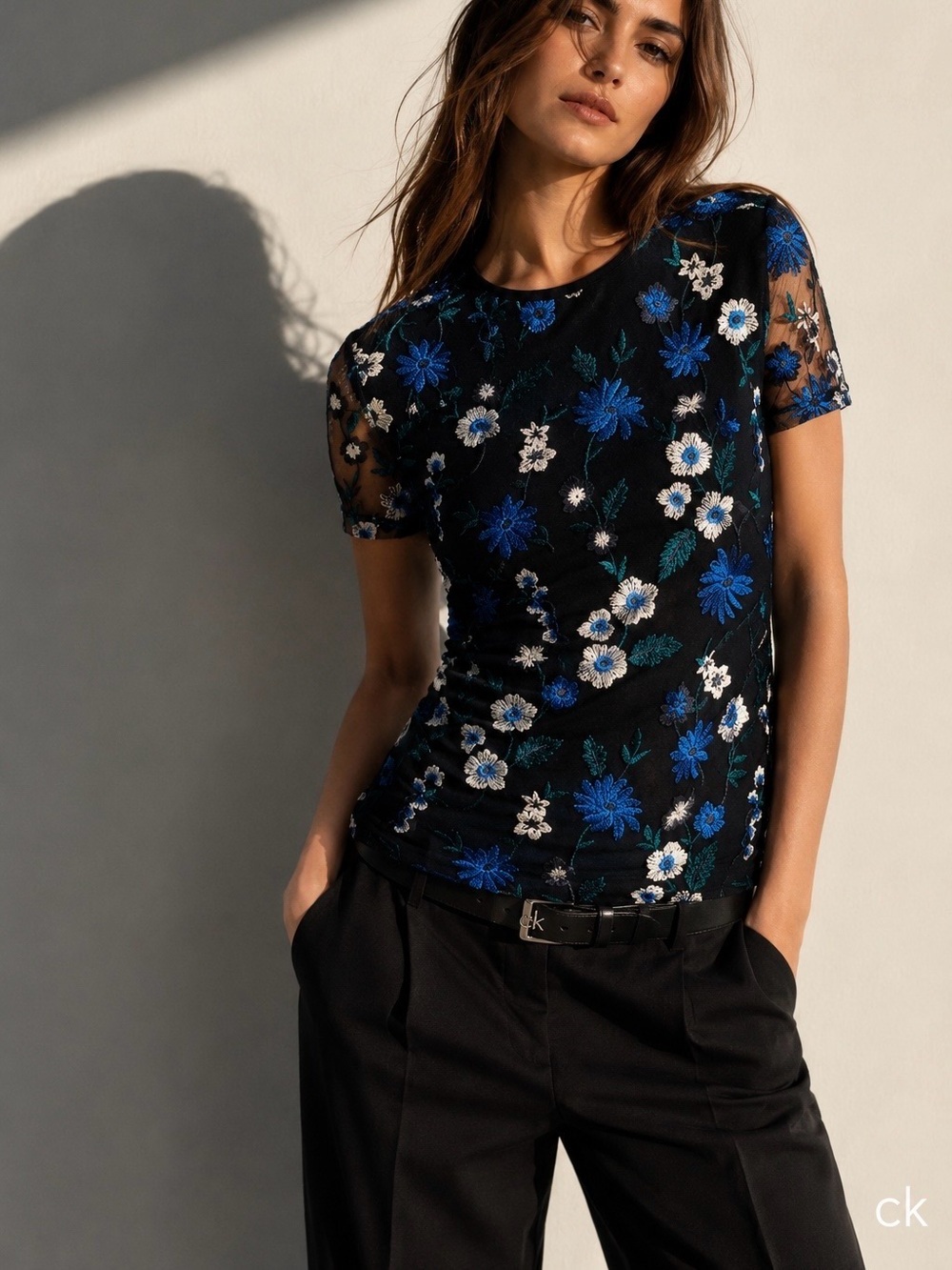 NWT Calvin Klein ‘Women’s Floral Embroidered Mesh Top’ in Navy Blue Size Small